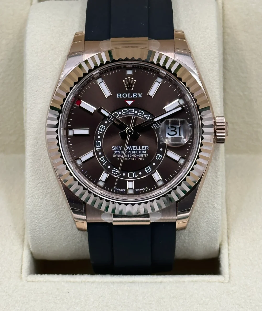 NEW 2023 Rolex Sky-Dweller 336235 Rose Gold Oysterflex Chocolate Dial