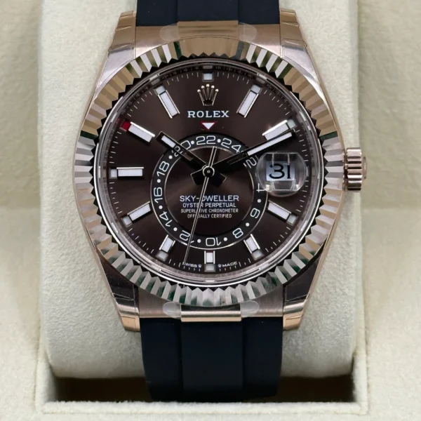 NEW 2023 Rolex Sky-Dweller 336235 Rose Gold Oysterflex Chocolate Dial