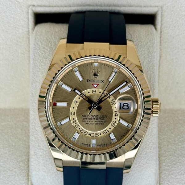2024 Rolex Sky-Dweller 42mm 336238 Yellow Gold Oysterflex Champagne Dial