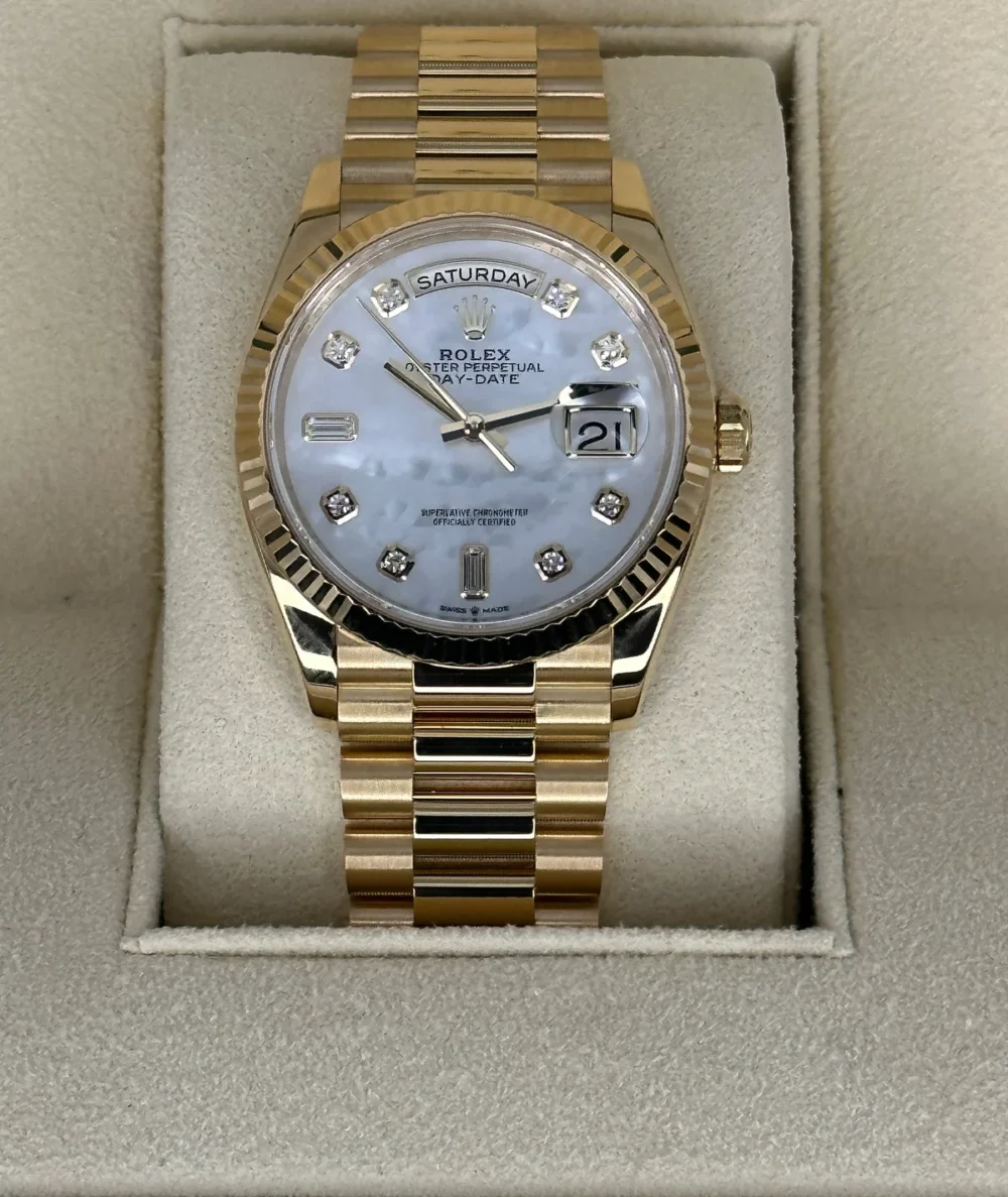 2021 Rolex Day-Date 36mm 128238 Mother of Pearl Diamond Dial