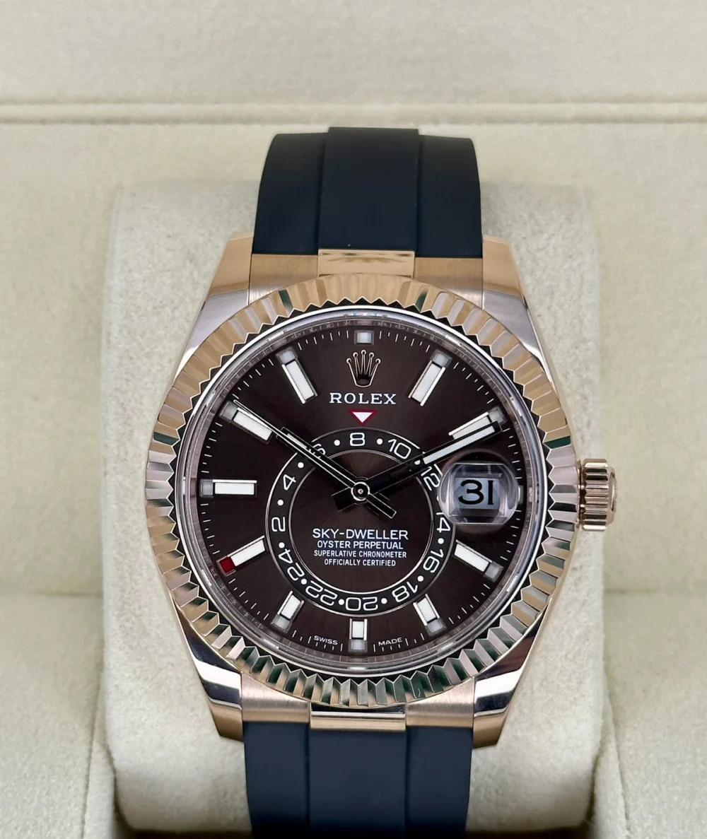 2022 Rolex Sky-Dweller 42mm 326235 Rose Gold Oysterflex Chocolate Dial