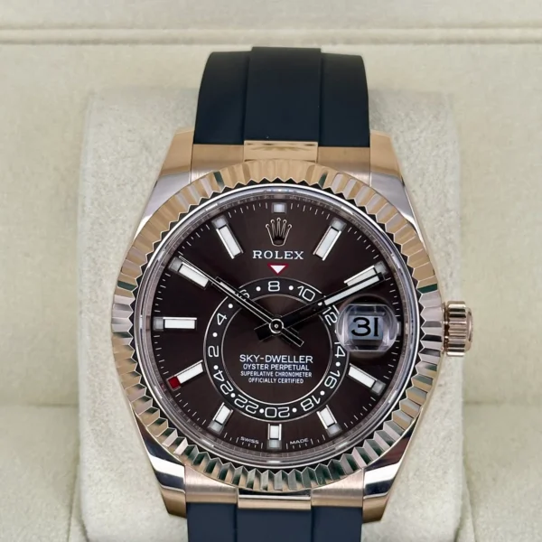 2022 Rolex Sky-Dweller 42mm 326235 Rose Gold Oysterflex Chocolate Dial