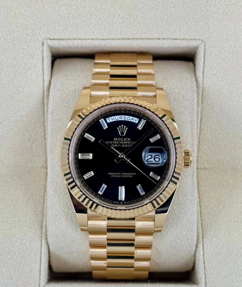 NEW 2025 Rolex Day-Date 40mm 228238 Black Diamond Baguette Dial