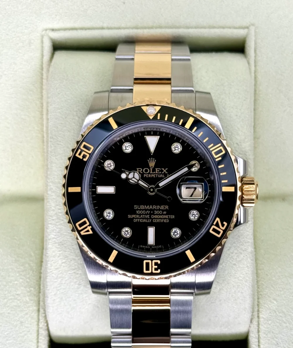 2015 Rolex Submariner 40mm 116613N Two-Tone Black Serti Diamond Dial